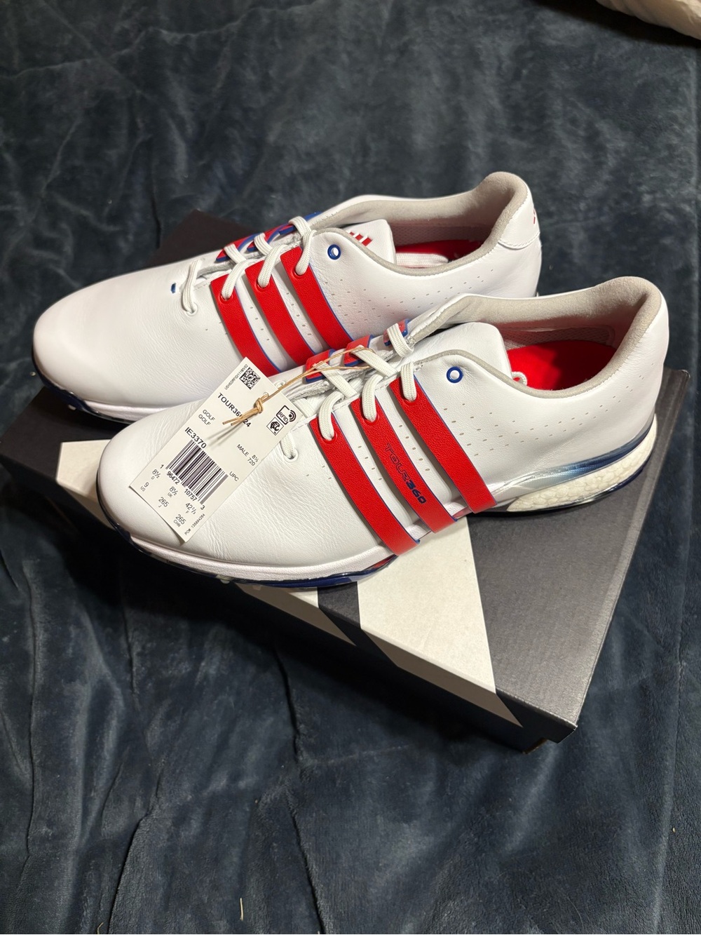 adidas White Sneakers with Red Three-Stripes and Blue Accents